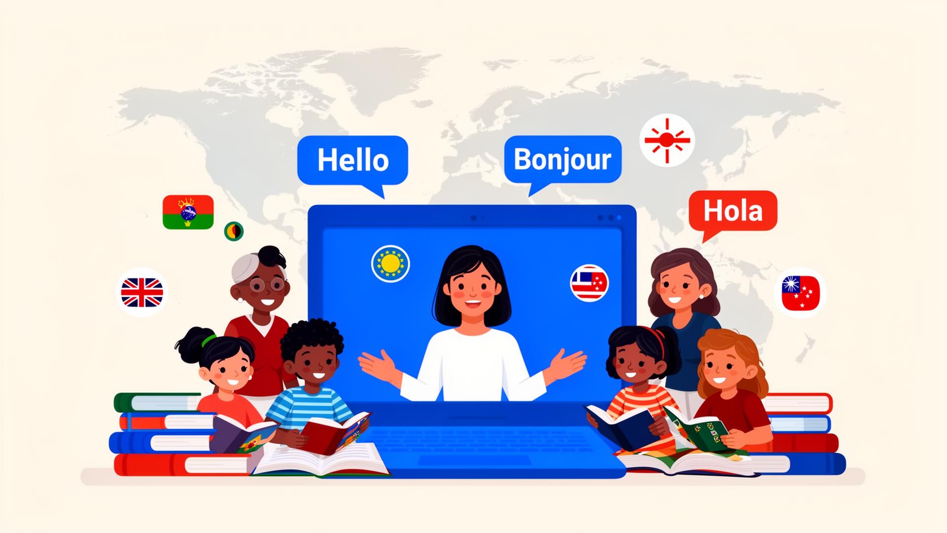 Élèves du monde entier apprenant des langues en ligne avec leur professeure